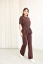 Women's Modal Fabric Crew Neck Tie Detail Short Sleeve Top and Bottom Set - 8
