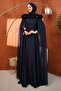 Navy Blue Collared Floral Cape Evening Dress - 3