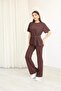 Women's Modal Fabric Crew Neck Tie Detail Short Sleeve Top and Bottom Set - 2