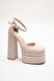 Figooo Beige Suede Double Platform Block Heel Women's Shoes / Ankle-Tie Blunt Toe - 2