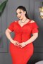 Off-The-Shoulder Tulle Detail Plus Size Stretchy Fabric Bust Ruched Slits Lace Black Midi Dress - 7