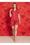 Red Color Heart Pattern Shirt Collar Bow Detail Thin Spring Fabric Shorts Women's Pajama Set - 3