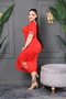V-Neck Chiffon Sleeve Detail Slit Plus Size Midi Length Black Dress with Bow Accessory - 5