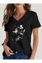 Women's Floral Printed V-Neck Sleeved Regular Fit T-Shirt