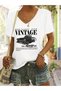 Women's Vintage Printed V-Neck Regular Fit T-Shirt with Sleeves