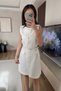 Elegant White Buttoned Short Modern Dress with Belt Buttons - 2