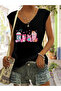 Women's Coffee Printed V-Neck Sleeveless Regular Fit Casual T-Shirt