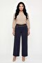 Women's Navy Blue Summer Trousers with Ribbed Stone Accessories at the Waist and Pipe Legs