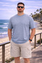 Men's Large Size Summer Trend Blue Textured Linen T-Shirt