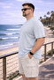 Men's Large Size Summer Trend A.Blue Textured Linen T-Shirt - 2