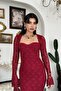 Gloplu (Supported) Lined Maxi Long Length Premium Claret Red Lace Dress - 5