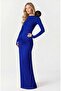 Women's Cobalt Blue Draped Ruched Detail Half Turtleneck Lined Maxi Dress