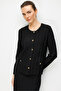 Women's Crew Neck Pleated Short Knitwear Jacket Black - 7