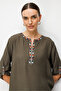 Women's Open Collar Ethnic Embroidered Shirt Khaki - 4