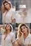 Women's Short Sleeve Beige Raw Linen Cotton Summer Shirt with Button Fold Detail - 5