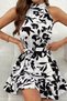 New Season Women's Off the Shoulders High Neck Belted Patterned Short Single Jersey Dress - 3