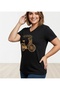 Women's Black V-Neck Large Size Cotton Bicycle Printed Special Collection T-Shirt - 7