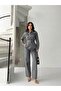 Belted black denim two-piece jacket + pants set