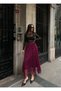 Women's Burgundy Elastic Waist Long Floral Flocked Lace Skirt