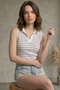 Women's Striped Polo Neck Cotton Piece Set Lycra Rib Knit Body 2022 - 4