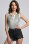 Women's Striped Polo Neck Cotton Piece Set Lycra Rib Knit Body 2022