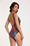Women's Fuchsia Stripe Patterned Thin Covered F Zip Detail V-Neck Swimsuit - 3