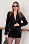 Black Gold Button Detailed Double-Breasted Cut Woven Fabric Blazer Jacket - 4