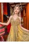 Yellow Color Floral Patterned Gold Detailed Sailor Model Dress with Straps Silk - 2
