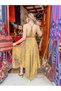 Yellow Color Floral Patterned Gold Detailed Sailor Model Dress with Straps Silk - 3