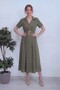 Women's Double-Breasted Collar Gold Detail Belted Dress Brown, Khaki, Black - 4