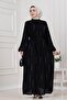 Balloon Sleeve Stoned Water Evening Dress-Black - 2