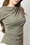 Women's Stretch Fabric Lightweight Shiny Fabric Boat Neck Pleated Asymmetrical Elbow Top Sleeve Body Blouse-Khaki - 5
