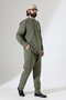 Men's Muslin Hakim Collar Shirt and Pants Two-Piece Set, Modern Hajj and Umrah Outfit - Khaki Green (Vşn) - 4