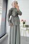 Premium Shoulder Gold Buttoned Skirt Suit - Green - 8
