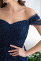 Women's Navy Blue Boat Neck Beaded Long Evening Dress - 4