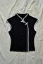 Mandarin Collar Black Striped Qipao Y2K Short Sleeve Cropped