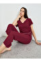 Burgundy Lettuce Edge Notch Neck T-Shirt and Pyjama Set - 2
