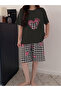 Heart Print Round Neck T-Shirt and Checked Shorts Set - 3