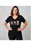 Women's Black V-Neck Plus Size Cotton Trendy Printed Special Collection T-Shirt - 5