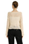 Beige Lace-Like Knit Tasseled V-Neck Transitional Cotton Pack Women's Knitwear Blouse - 3