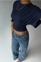 Women's Navy Blue Cropped Blouse Half Sleeve Loose Fit High Waist Ruched Basic T-Shirt - 5