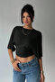 Women's Black Cropped Blouse Half Sleeve Loose Fit High Waist Ruched Basic T-Shirt - 4