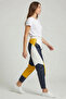 Navy Blue Yellow White Colorblock Elastic Waist Lace up Cuffed Zippered Women's Genuine Leather Pants - 2