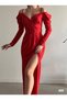 Women's Shoulder Detail Long Sleeve Belt Included Slit Crepe Evening Dress (Color) - 3