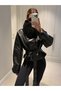 New Season Black Double-Breasted Mock Neck Buttoned Belt Piece Women's Leather Jacket - 3