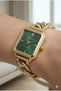 Gold Square Case Women's Wristwatch |   25mm Steel Case, Gold Metal Band, Green Dial - 4