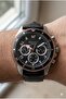 Silver Round Case Men's Wristwatch |   43mm Steel Case, Black Leather Band, Black Dial - 4
