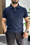 Men's Stripe Patterned Polo Collar Navy Blue Edw458