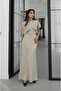 Beige Waist-Fitted Long Satin Dress - 2488 - 2