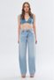 Women's Blue Baggy Fit Jean Trousers – High Waist Loose Fit Laser and Patch Detailed 100% Cotton Denim - 2